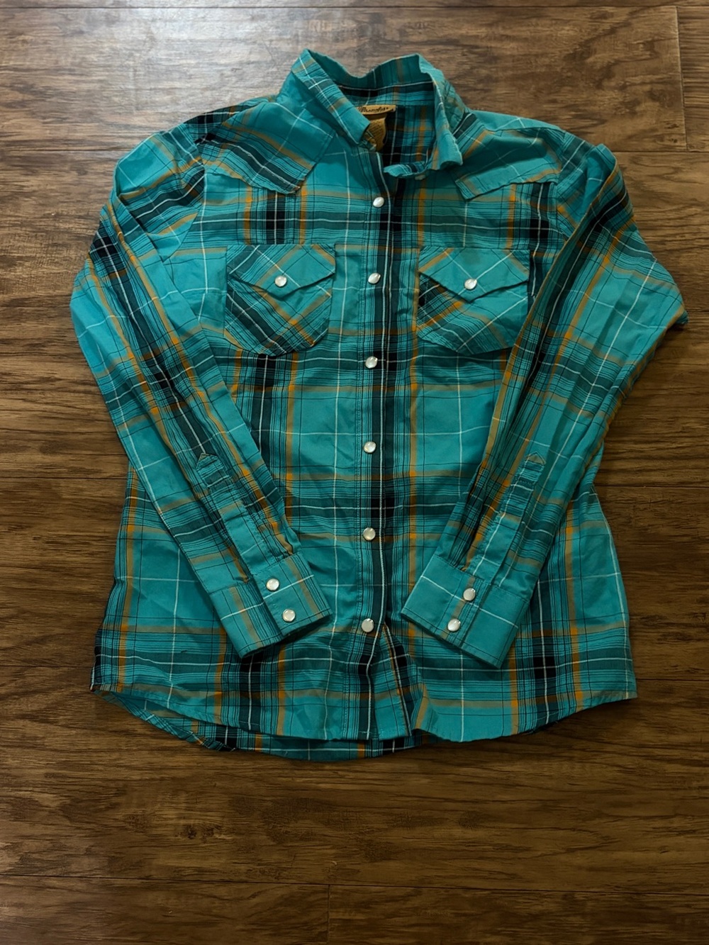 Wrangler Teal Plaid Button-Down Shirt with Yellow Accents